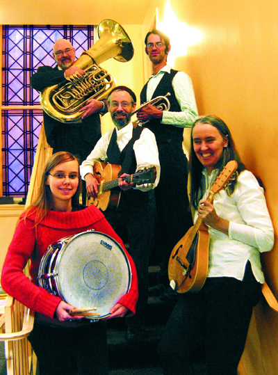 Photo of Ensemble M’chaiya (tm) as a quintet - From top to bottom, left to right: Steve Hart, Peter Bartels, Terran Doehrer, Zo&iuml; Doehrer, Jutta Distler. Photo by Jim Godsey. Photo &copy; 2010 Modal Music, Inc. (tm) All rights reserved.